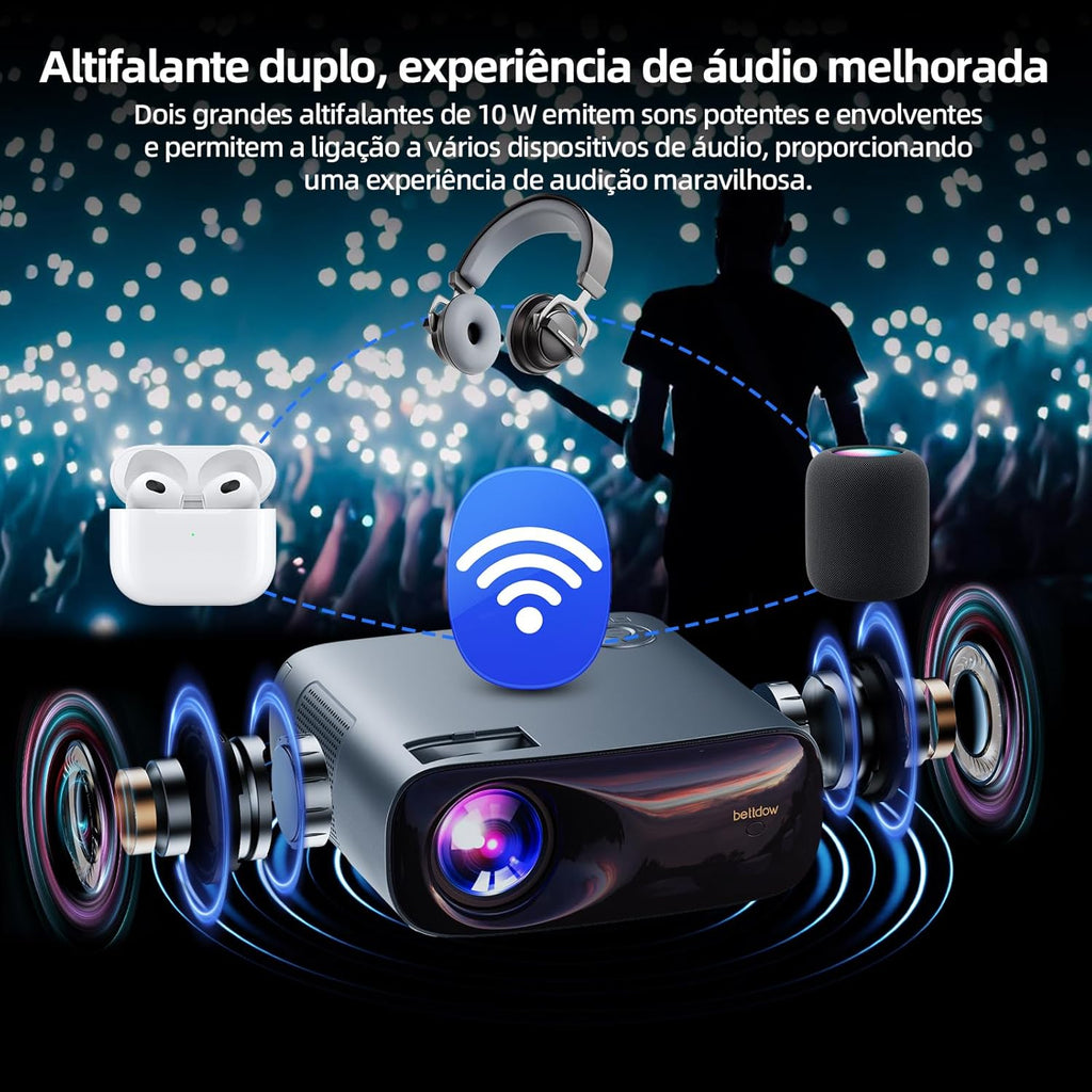 Bettdow Projetor 4k 22000 Lumens Full Hd 1080p Compatível Com Android 9, Smart Projetores Retroprojetor Portatil 650 ANSI WiFi 2.4G+5G BT 5.1, Eletronico Correção Trapezoidal, Foco manual