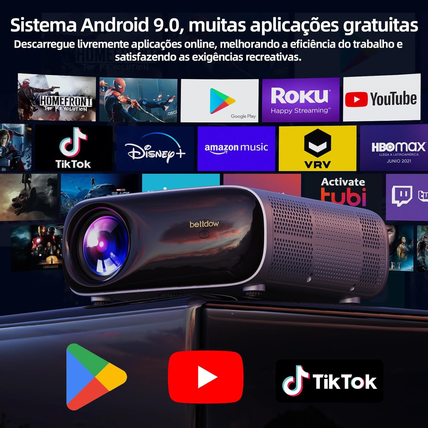 Bettdow Projetor 4k 22000 Lumens Full Hd 1080p Compatível Com Android 9, Smart Projetores Retroprojetor Portatil 650 ANSI WiFi 2.4G+5G BT 5.1, Eletronico Correção Trapezoidal, Foco manual