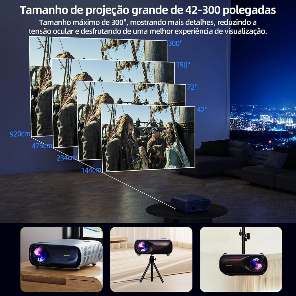 Bettdow Projetor 4k 22000 Lumens Full Hd 1080p Compatível Com Android 9, Smart Projetores Retroprojetor Portatil 650 ANSI WiFi 2.4G+5G BT 5.1, Eletronico Correção Trapezoidal, Foco manual