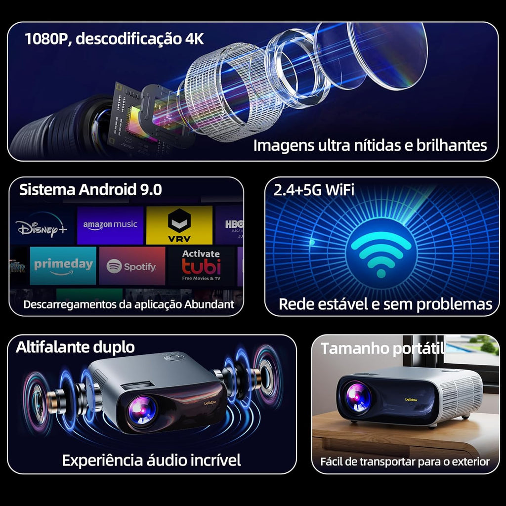 Bettdow Projetor 4k 22000 Lumens Full Hd 1080p Compatível Com Android 9, Smart Projetores Retroprojetor Portatil 650 ANSI WiFi 2.4G+5G BT 5.1, Eletronico Correção Trapezoidal, Foco manual